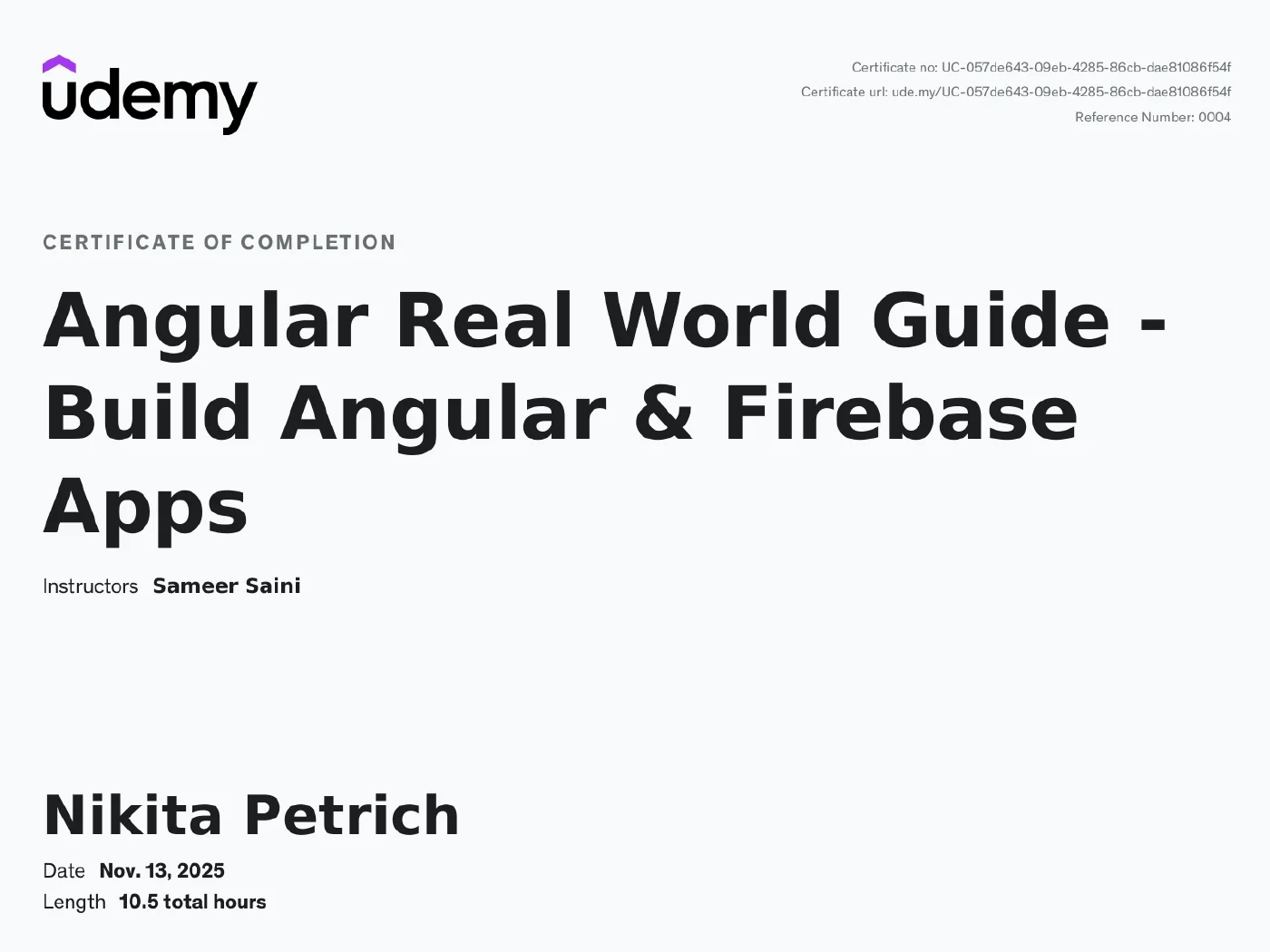 Zertifikat „Angular Real World Guide — Build Angular & Firebase Apps“ von Udemy, ausgestellt November 2025