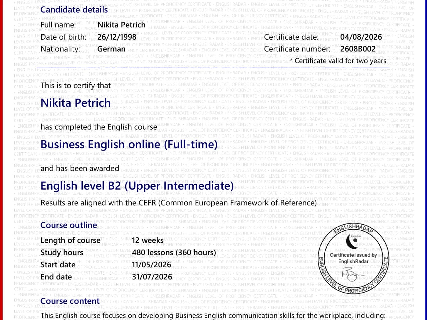 Zertifikat „Business English Online (Full-time)“ von EnglishRadar, ausgestellt August 2026