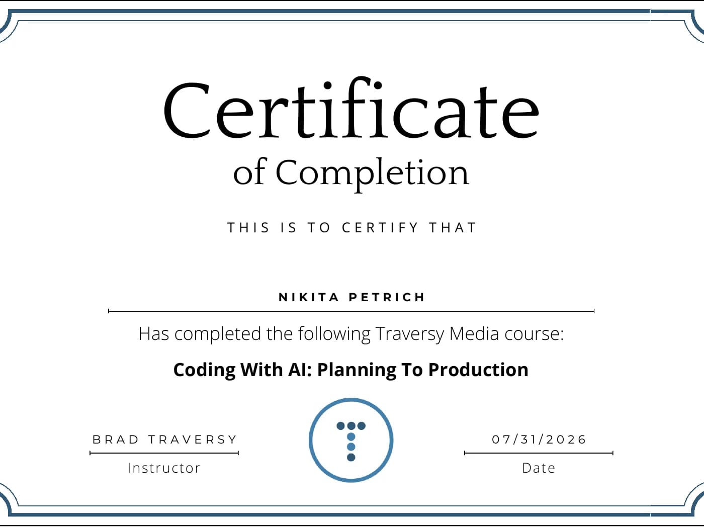 Zertifikat „Coding With AI: Planning To Production“ von Traversy Media, ausgestellt Juli 2026
