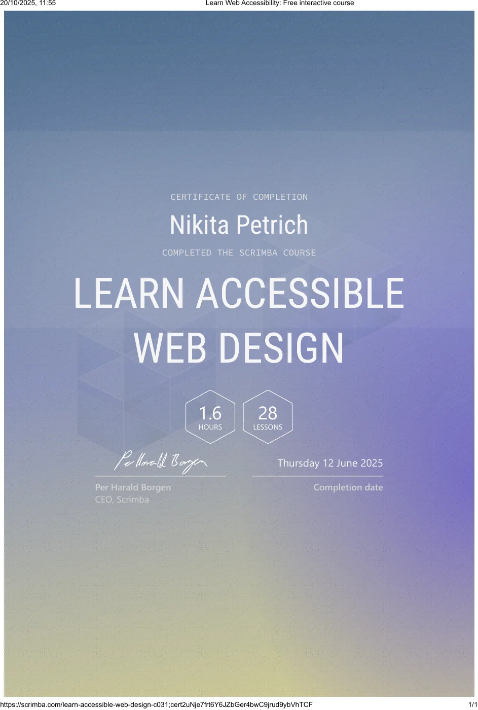 Zertifikat „Learn Accessible Web Design“ von Scrimba, ausgestellt Juni 2025