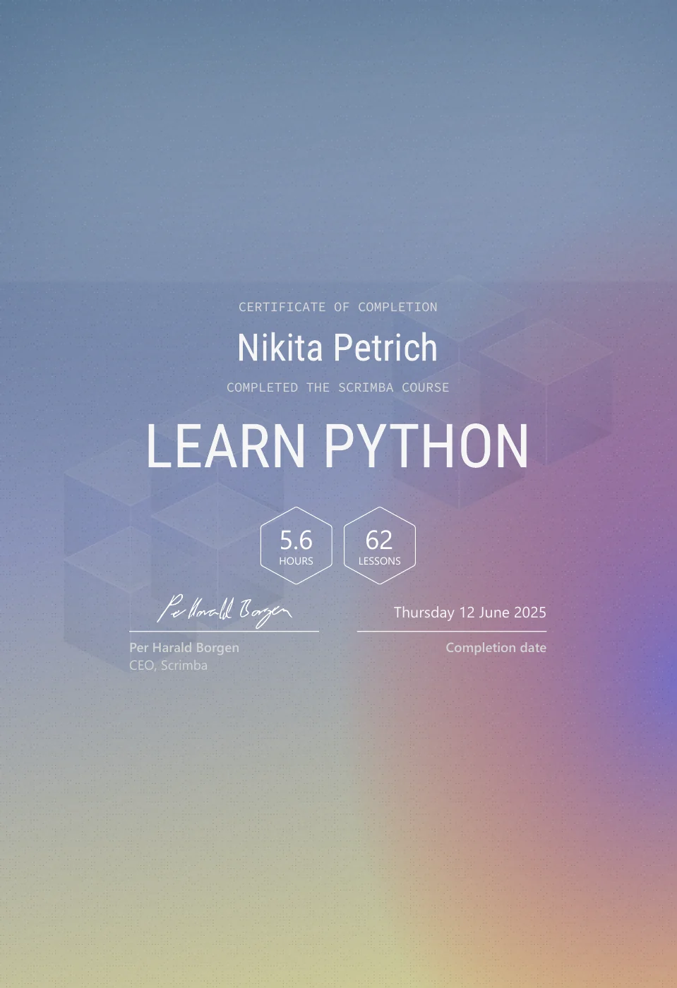 Zertifikat „Learn Python“ von Scrimba, ausgestellt Juni 2025