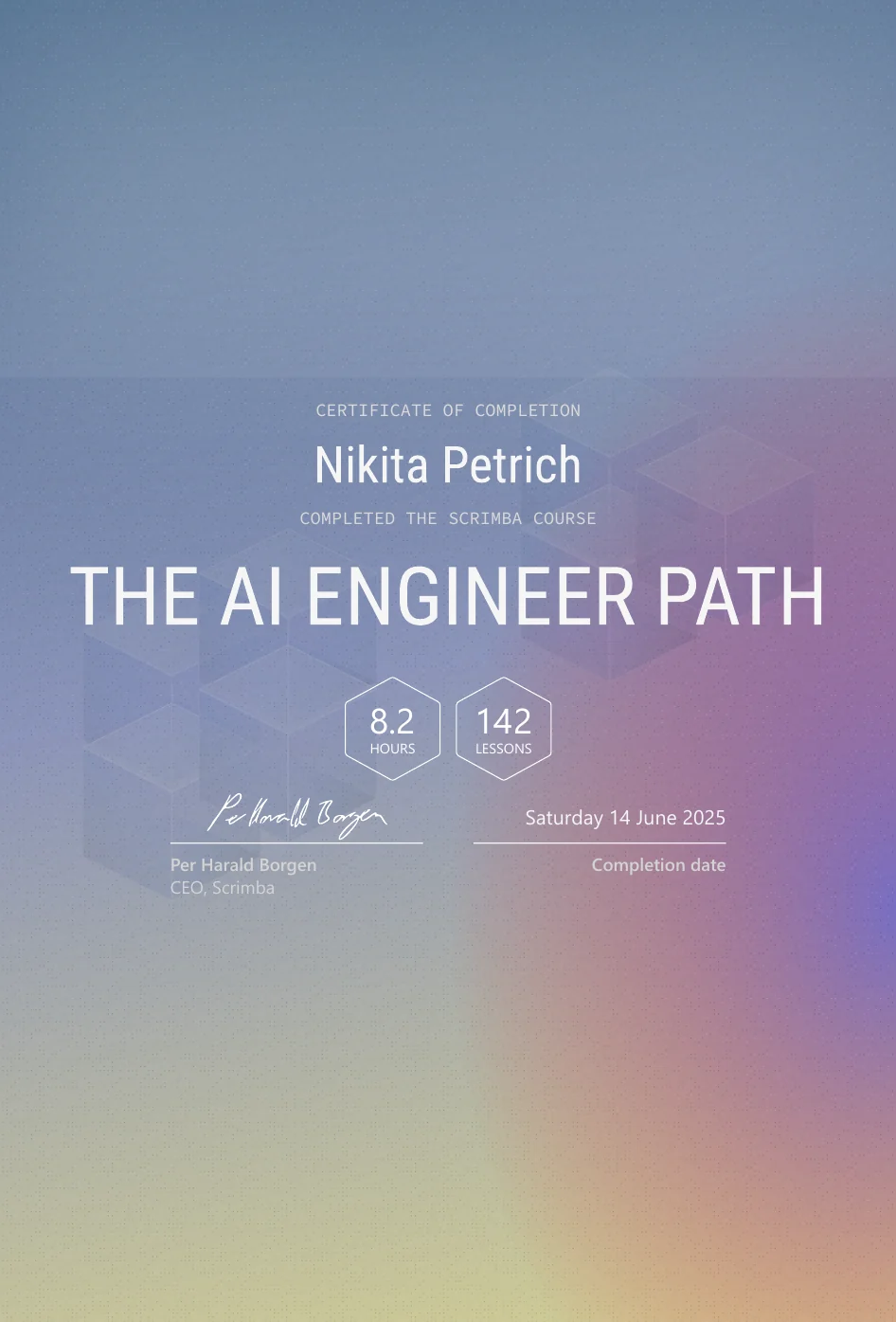 Zertifikat „The AI Engineer Path“ von Scrimba, ausgestellt Juni 2025