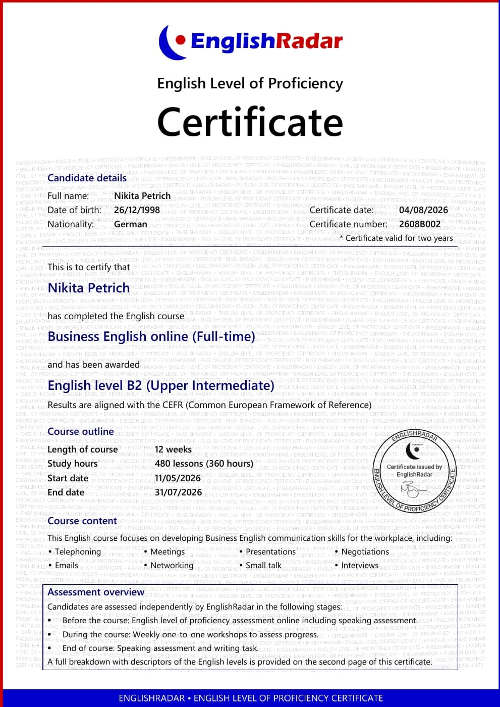 Certificate “Business English Online (Full-time)” from EnglishRadar, issued August 2026