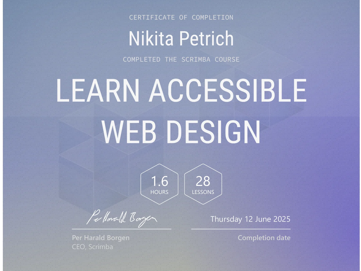 Zertifikat „Learn Accessible Web Design“ von Scrimba, ausgestellt Juni 2025