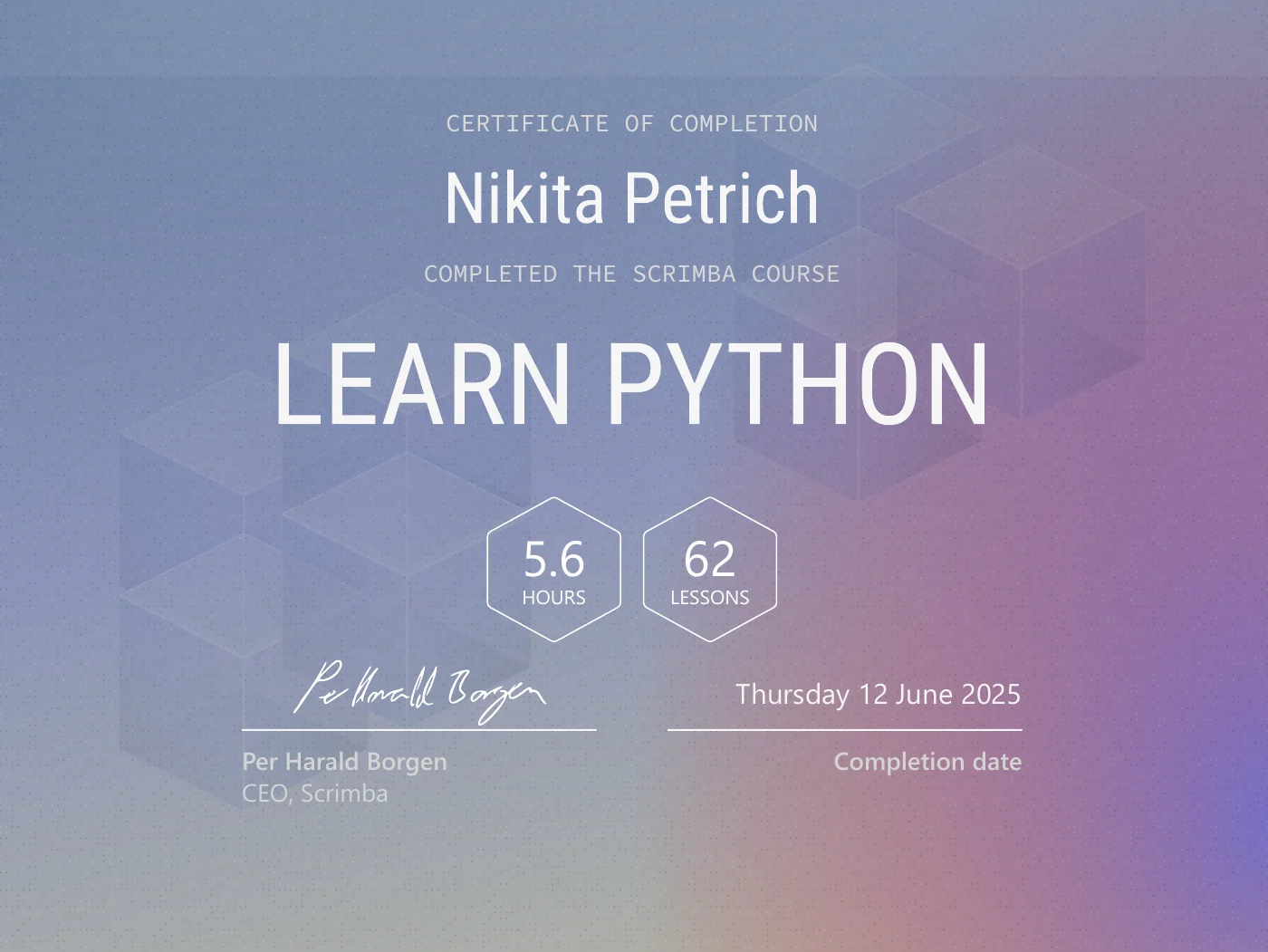 Zertifikat „Learn Python“ von Scrimba, ausgestellt Juni 2025