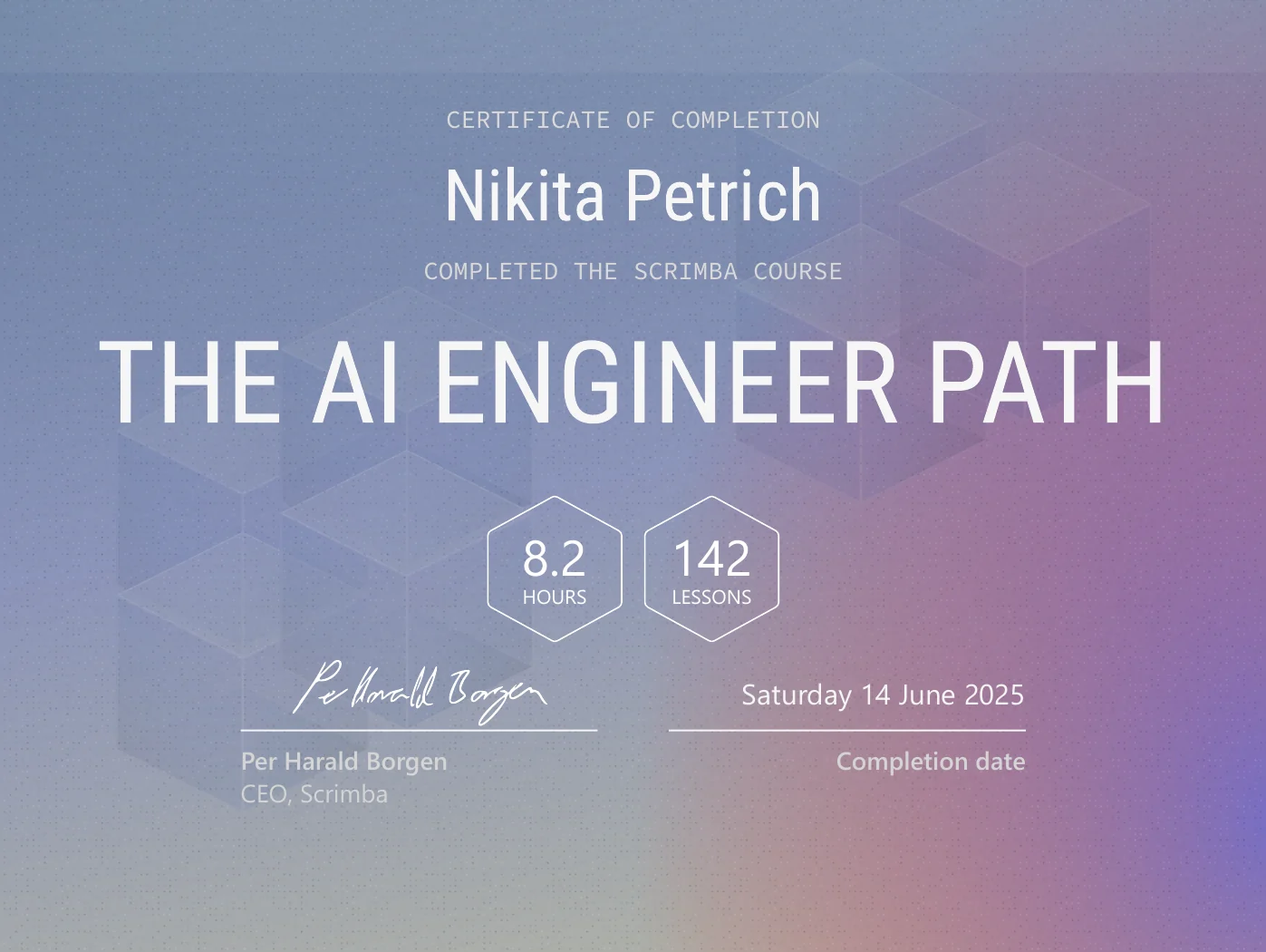 Zertifikat „The AI Engineer Path“ von Scrimba, ausgestellt Juni 2025